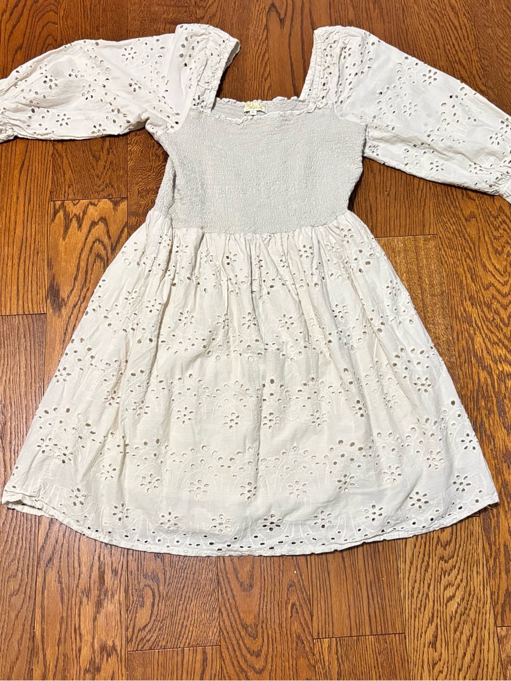 Romantic Cottagecore Rebellion Cream Eyelet Smocked Square Neck Midi Dress